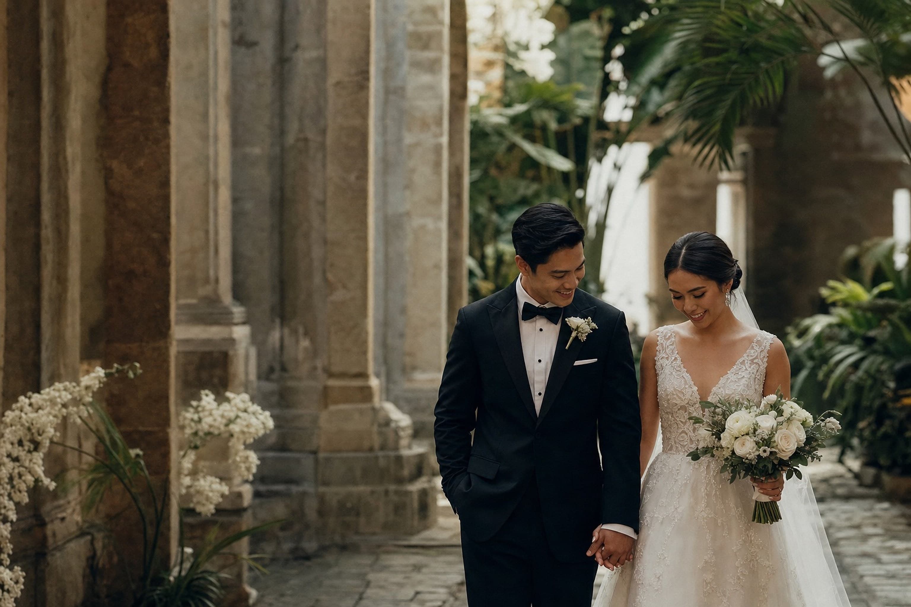 Newlyweds walking through a heritage courtyard